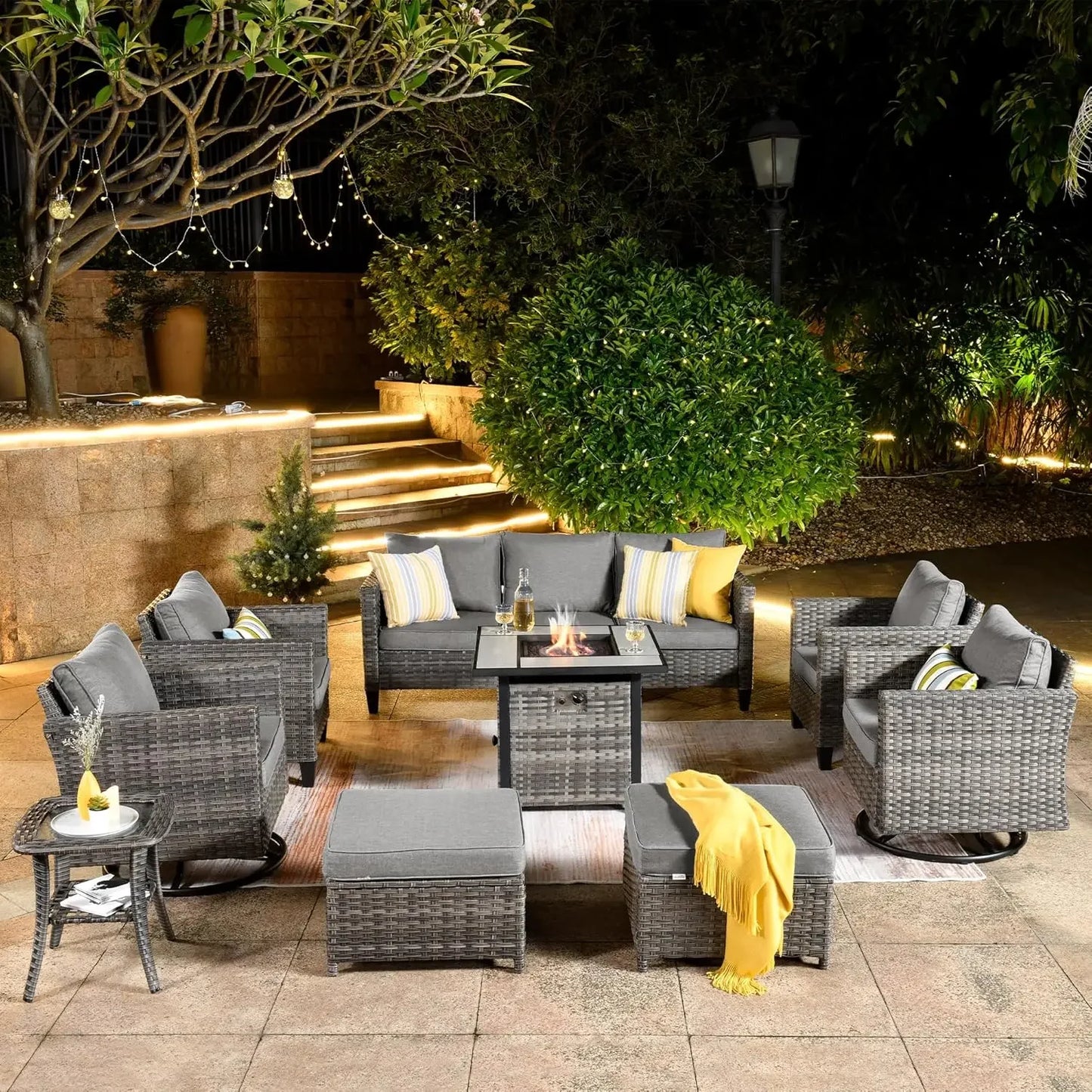Patio Furniture Set with Fire Pit Table, Outdoor WickerSofa with Comfy Cushion, High Back Rattanfor Garden Backyard