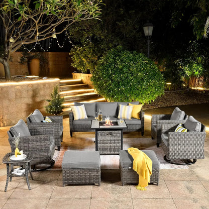 Patio Furniture Set with Fire Pit Table, Outdoor WickerSofa with Comfy Cushion, High Back Rattanfor Garden Backyard
