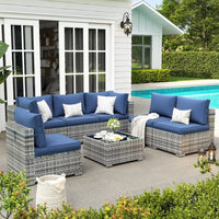 Patio Furniture Set,, All-Weather Wicker Patio Conversation Sets for Backyard (Grey with Navy Cushion)
