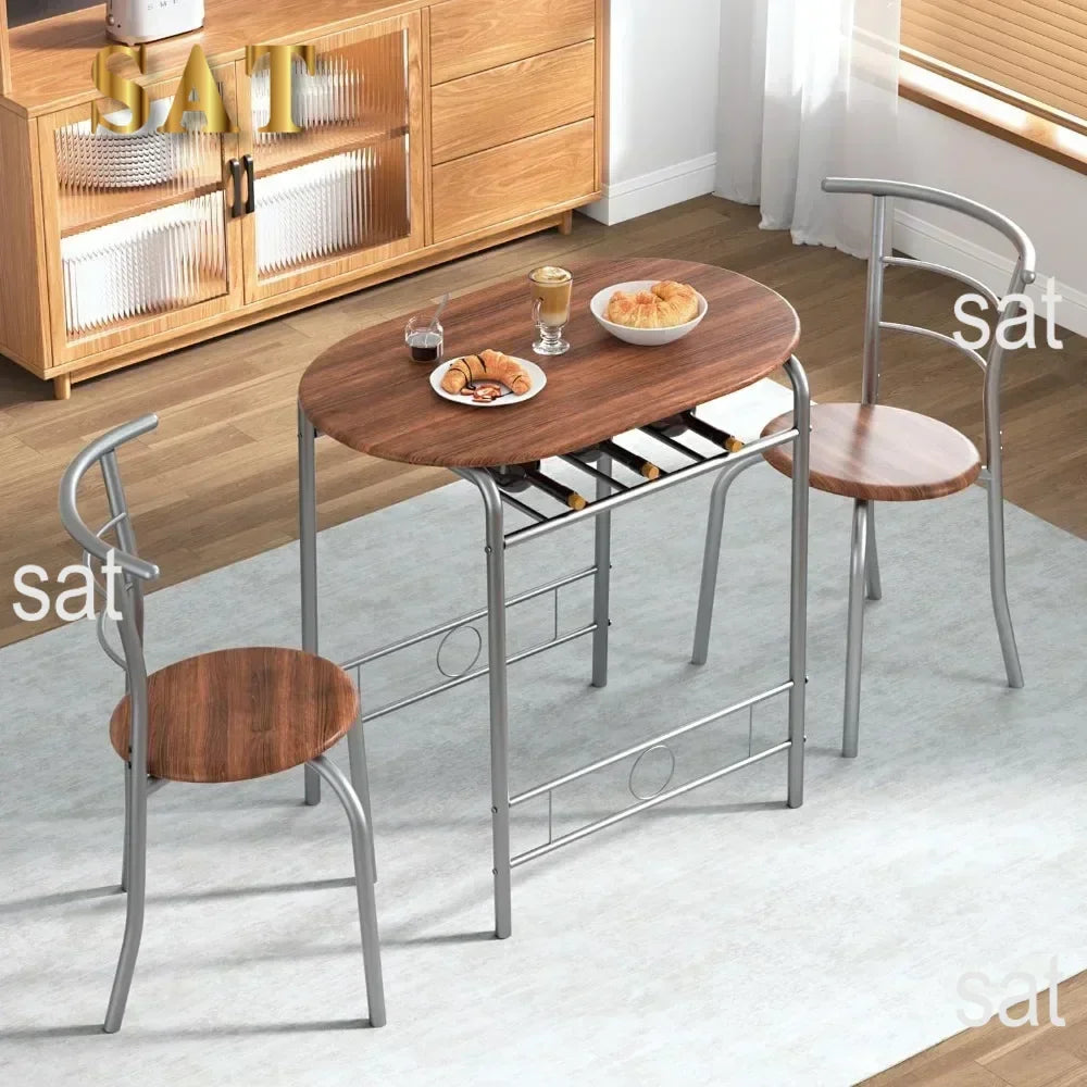 v 3 Piece Small Round Dining Table Set for Kitchen Breakfast Nook, Wood Grain Tabletop with Wine Storage Rack, Save Space, 31.