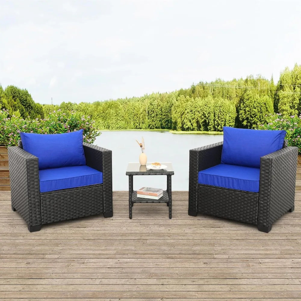 Wicker 3-Piece Patio Furniture Set with Conversation Chairs and Glass Side Table for Outdoor Balcony Use