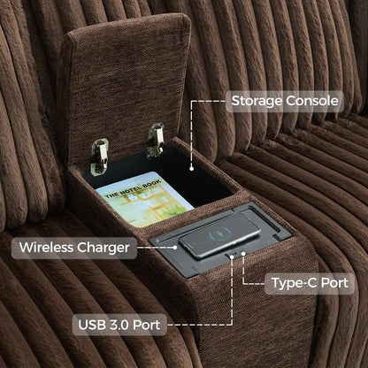 6 - Seater Power Reclining Living Room Sectional Sofa with Wireless Charger, Plush Faux Fur Couch with 2 Recliner