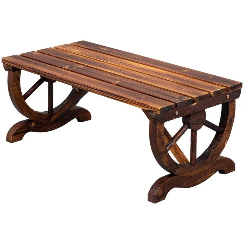 Country style wooden wheeled outdoor chair, patio bench with slat seating for 2 people, outdoor garden bench