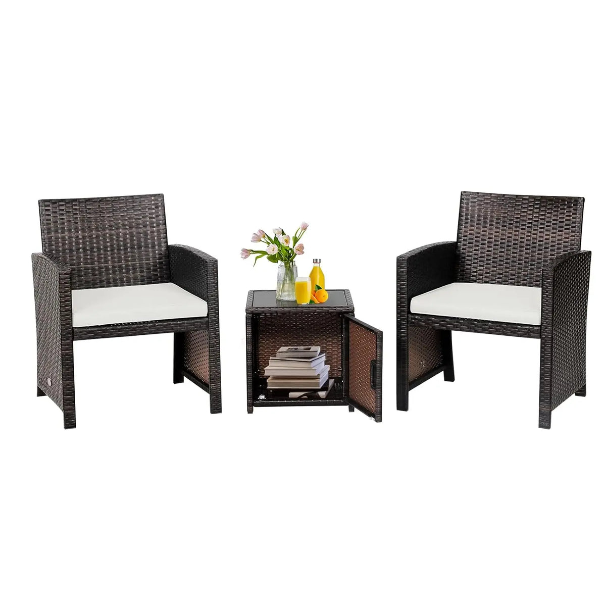 3 Pieces Outdoor Wicker Conversation Set with Waterproof Cover, 2 Patio PE Rattan Cushioned Chairs with Side Storage Table, Suit