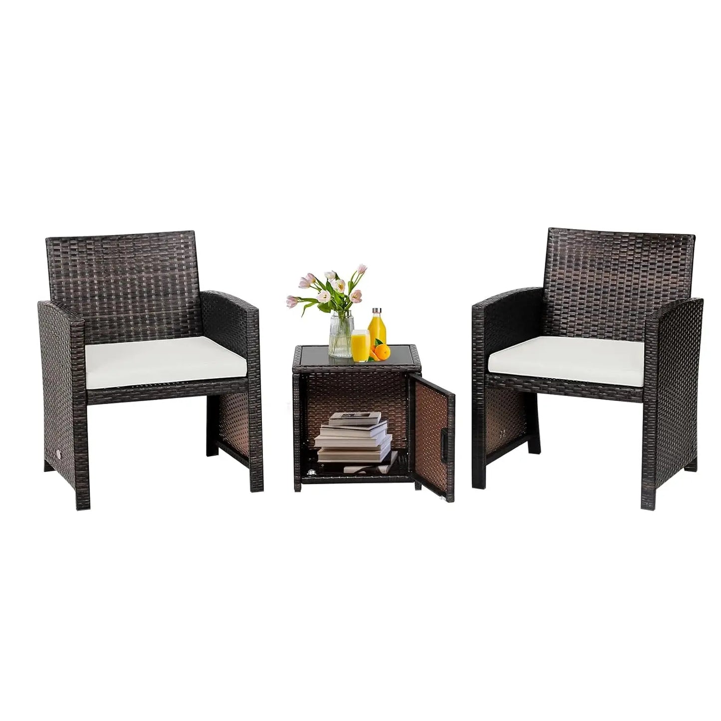 3 Pieces Outdoor Wicker Conversation Set with Waterproof Cover, 2 Patio PE Rattan Cushioned Chairs with Side Storage Table, Suit