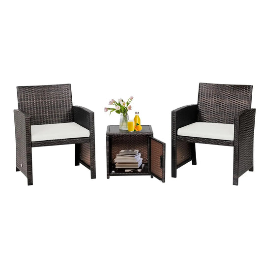 3 Pieces Outdoor Wicker Conversation Set with Waterproof Cover, 2 Patio PE Rattan Cushioned Chairs with Side Storage Table, Suit