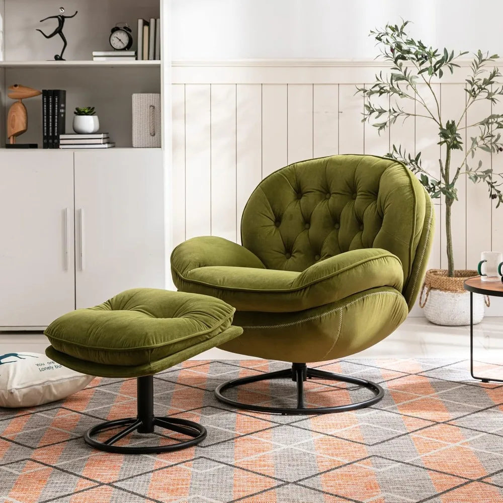 Velvet Swivel Accent Chair with Ottoman Set, Modern Lounge Chair with Footrest, Comfy Armchair with 360 Degree Swiveli