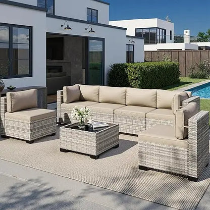 Outdoor Patio Furniture Set: 7-Piece PE Wicker Rattan Sectional Sofa with Tempered Glass Table and Plush Cushions