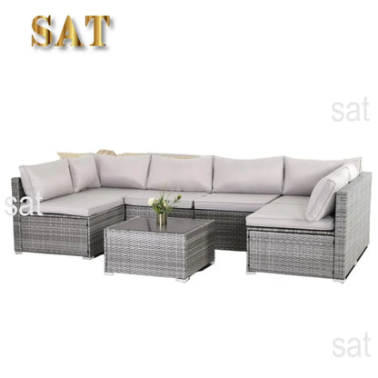 y 7-piece courtyard furniture set, modular wicker outdoor segmented sofa, PE wicker outdoor setL  W   H  28.5*25.6*25.6 inch