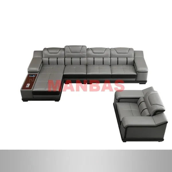 L-Shaped Modern Sectional Sofa Set with Chaise, Genuine Leather Reclining Couch with USB Charging Ports & Cup Holders, Couch Set