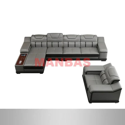 L-Shaped Modern Sectional Sofa Set with Chaise, Genuine Leather Reclining Couch with USB Charging Ports & Cup Holders, Couch Set