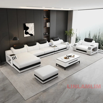 Modern Genuine Leather Massage Sectional Sofa Bed with Adjustable Headrests & LED Lights, Recliner Couch Set with Storage & USB
