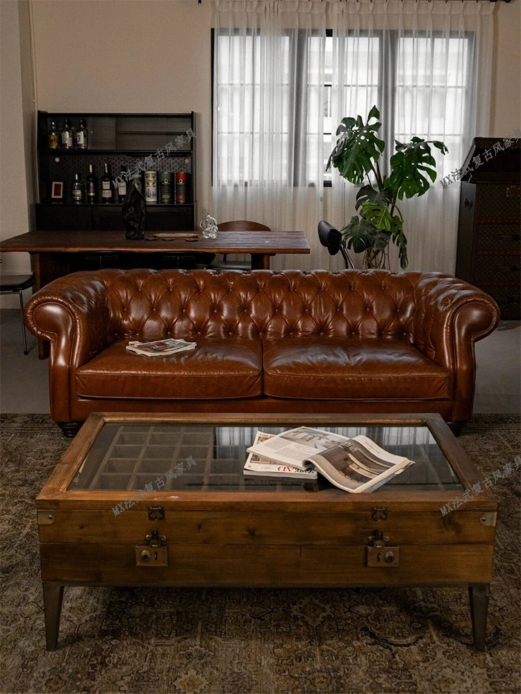 French vintage style button-tufted sofa, classic American cigar bar Burton sofa, mid-century whiskey straight-line sofa
