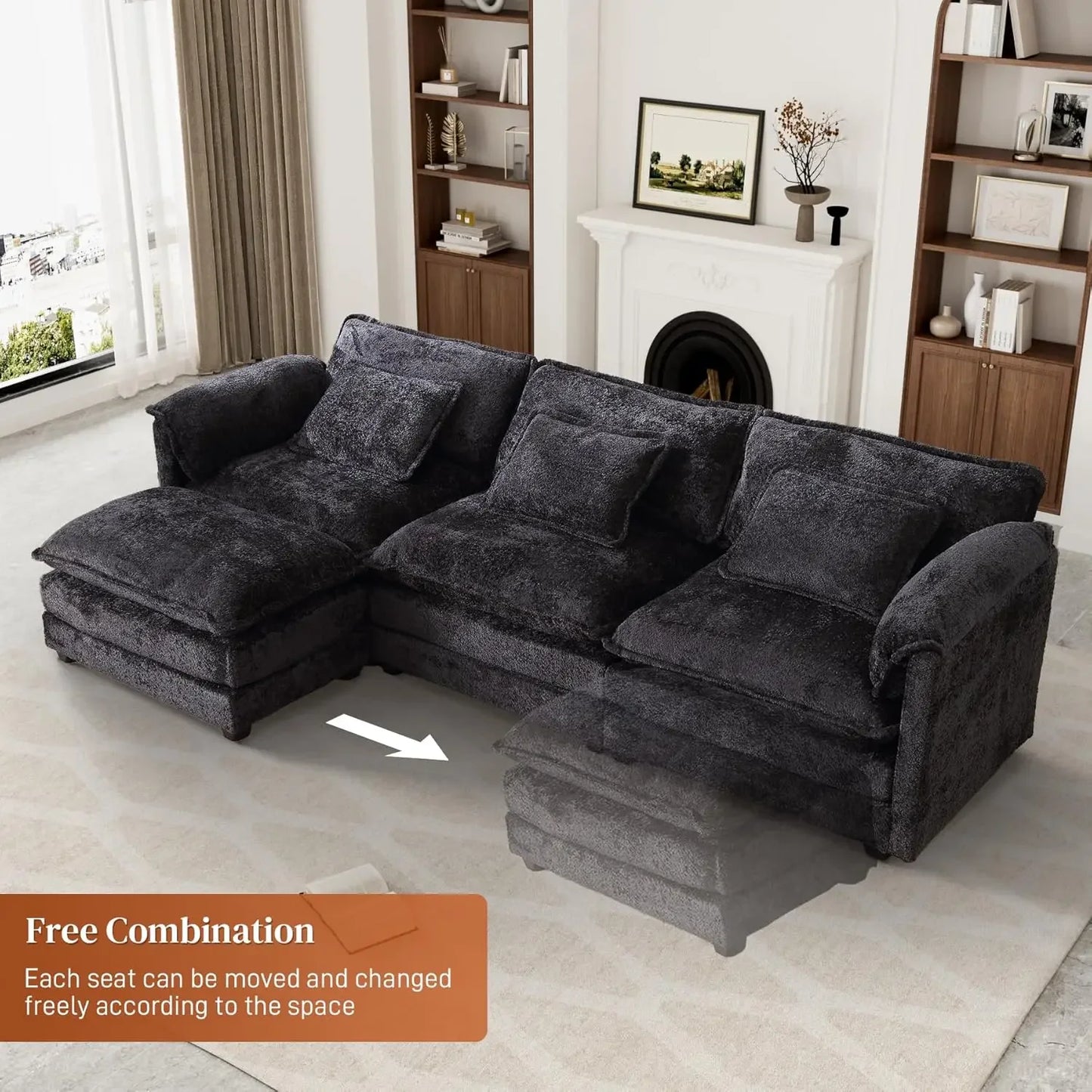 Cloud Sofa two Seats, for Apartment, Comfy Double Layer Upholstered Seat Cushion, Breathable Chenille Fabric, Black