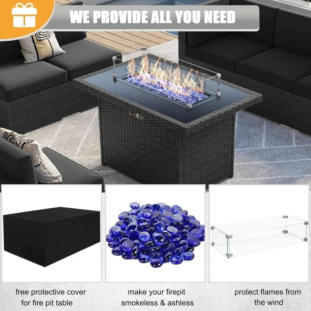 Furniture Set with 44" Propane Gas Fire Pit Table, Outdoor Sectional Conversation Set Wicker Rattan Sofa Set with Coffee Table