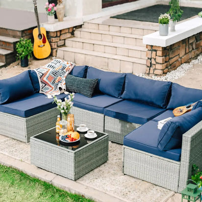 7 Pieces Patio Furniture Set Outdoor Sectional Wicker Rattan Furniture with Cushion and Glass Table Patio Conversation Sets