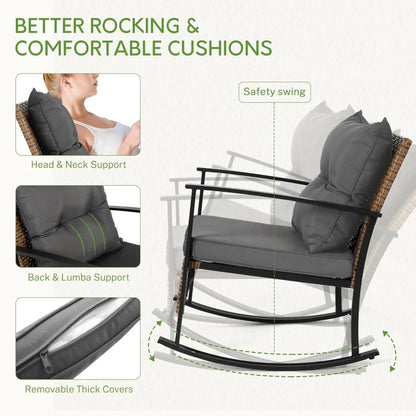 Wicker Rocking Chairs for Outdoors 3 Piece, Patio Rocking Chairs Set of 2, Patio Furniture Set, Small Outdoor Set for Porch, Poo