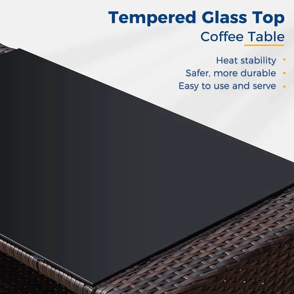 brown wicker outdoor patio furniture set with 4 pieces, conversation area for deck or porch, includes cushioned rattan sofa chai