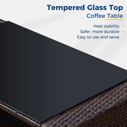 brown wicker outdoor patio furniture set with 4 pieces, conversation area for deck or porch, includes cushioned rattan sofa chai