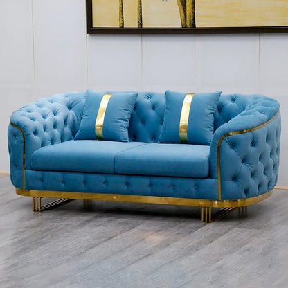 -Luxury Gold Legs Stainless Steel Blue Button Tufted Velvet Chesterfield Sofa Set 3 2 Seater SofaLiving Room Couch Set Furniture