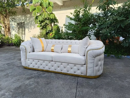 Home Luxury White Velvet Love Seat Three Seats Tufted Living Room Sofa Gold Stainless Steel Decoration