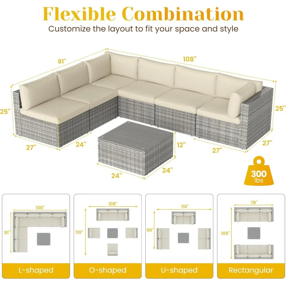 Seven Piece Patio Set, Outdoor Furniture With Glass Tea Table, PE Rattan Wicker Conversation Group, Includes Washable Cushions