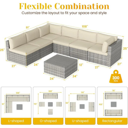 Seven Piece Patio Set, Outdoor Furniture With Glass Tea Table, PE Rattan Wicker Conversation Group, Includes Washable Cushions