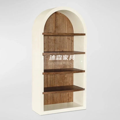 Retro solid wood simple bookcase American country white arched bookshelf display study floor locker
