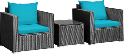 Three Piece Patio Set, Outdoor Rattan Sofa With Cushions, Tempered Glass Tabletop, Wicker Conversation Furniture