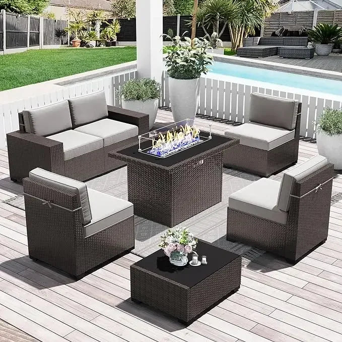 7-Piece Outdoor Patio Furniture with 44-inch Fire Pit Table Rattan Sectional Sofa Conversation Set