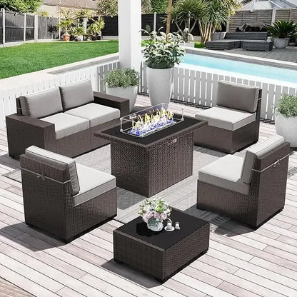 7-Piece Outdoor Patio Furniture with 44-inch Fire Pit Table Rattan Sectional Sofa Conversation Set