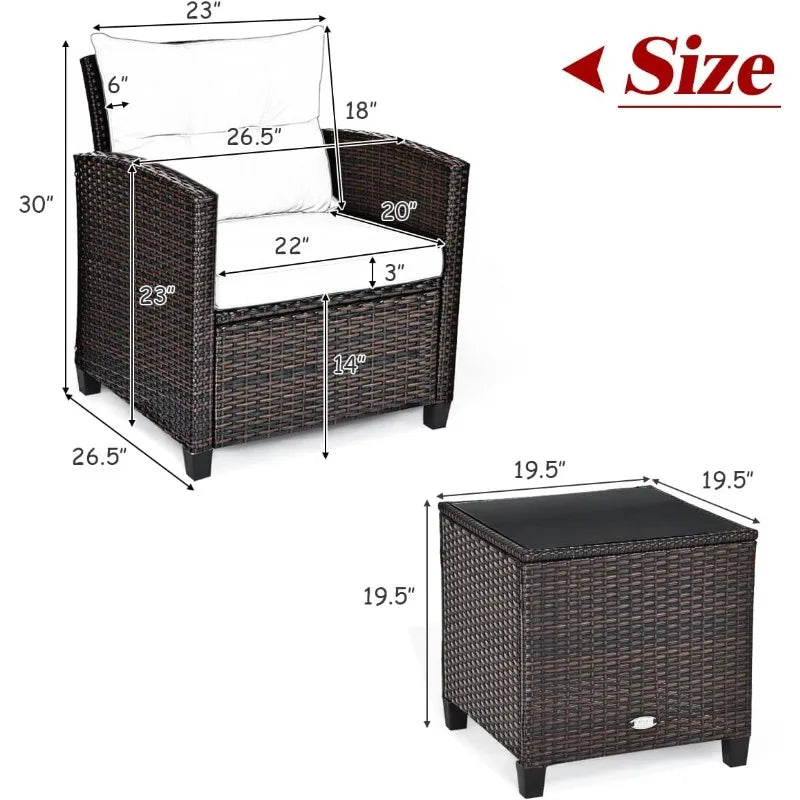 3 Pieces Patio Furniture Set, PE Rattan Wicker 3 Pcs Outdoor Sofa Set w/Washable Cushion and Tempered Glass Tabletop