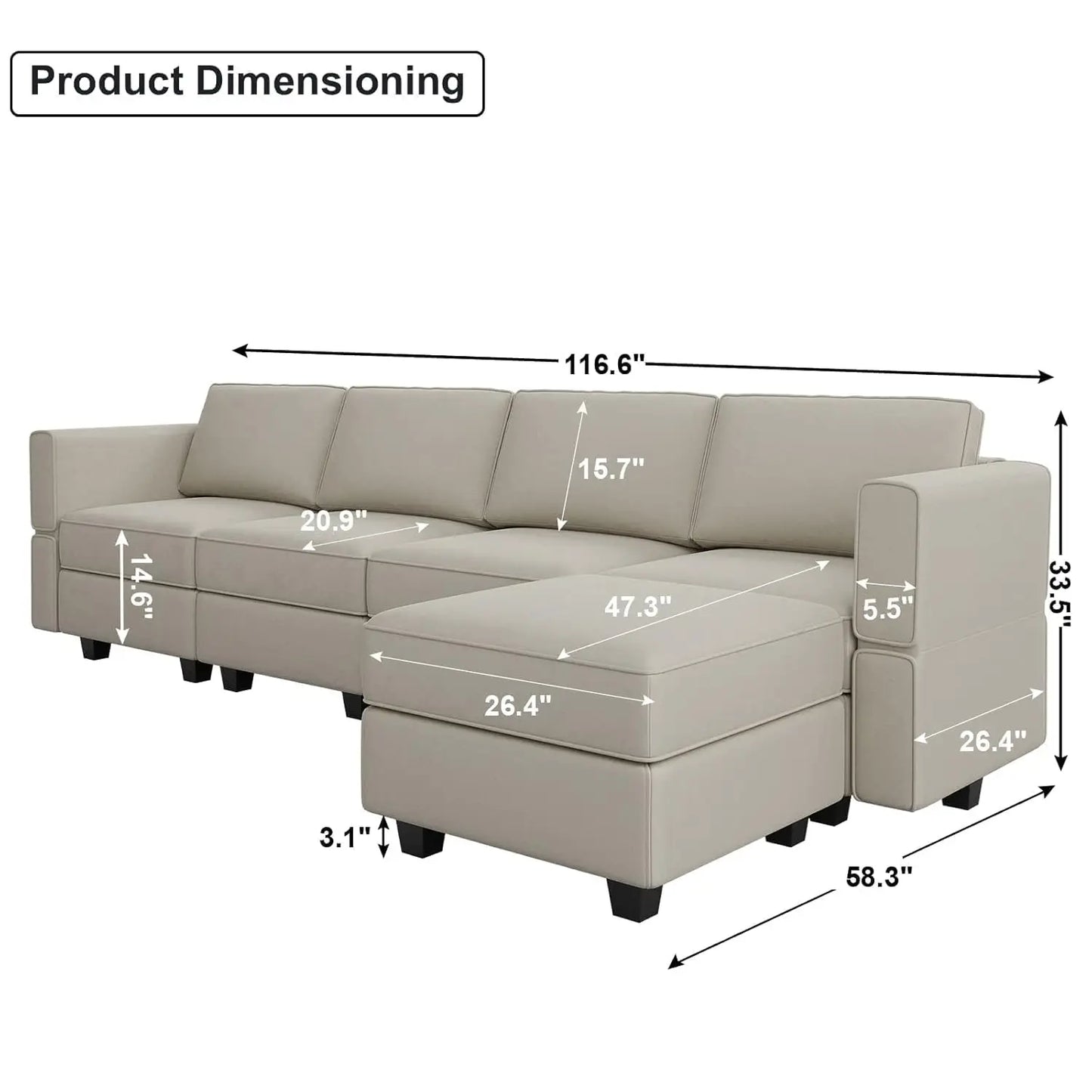 Grey Velvet Modular Sectional Sofa L-Shape Reversible Chaise Storage 4-Seat Living Room, Customized
