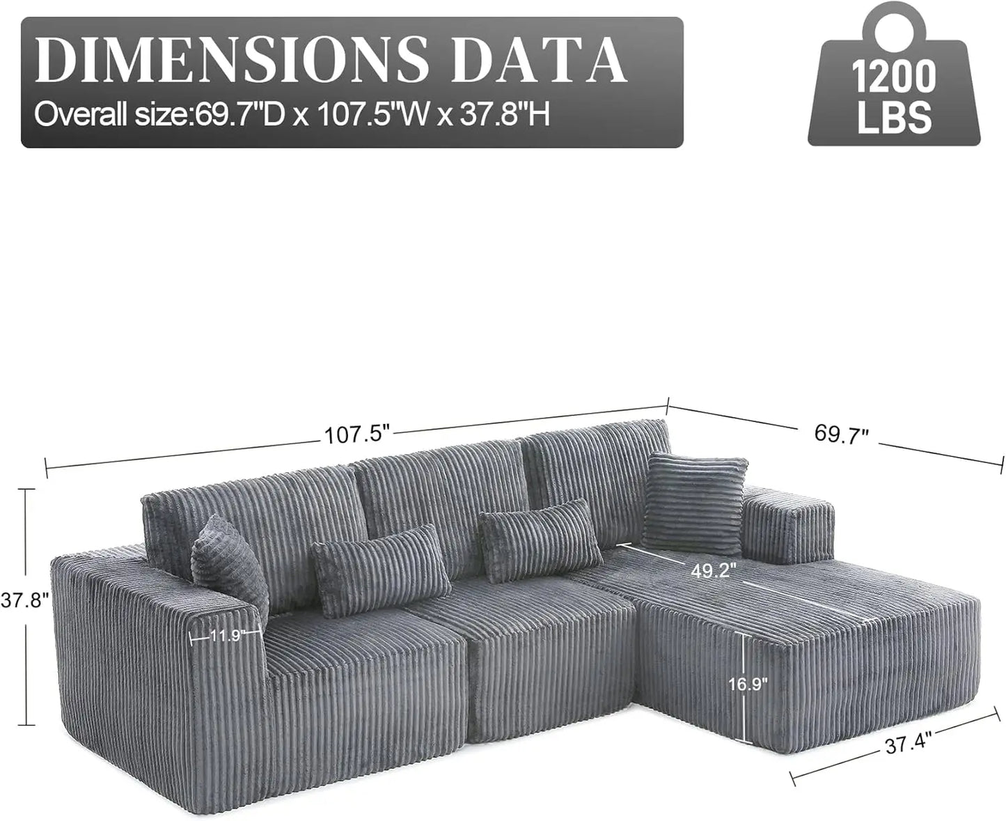 Modular Sectional Sofa, 107' L-Shaped Dark Grey Couch with Deep Seat Memory Foam, Right-Facing Chaise