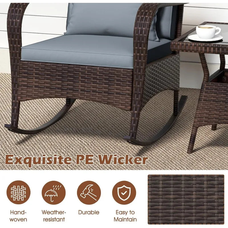 3 Pieces Patio Furniture Set, Outdoor Wicker Rocking Chairs with Cushions, Pillows, Glass Coffee Table, Rattan Bistro Ro