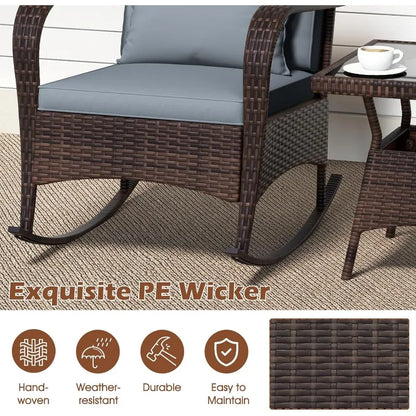 3 Pieces Patio Furniture Set, Outdoor Wicker Rocking Chairs with Cushions, Pillows, Glass Coffee Table, Rattan Bistro Ro