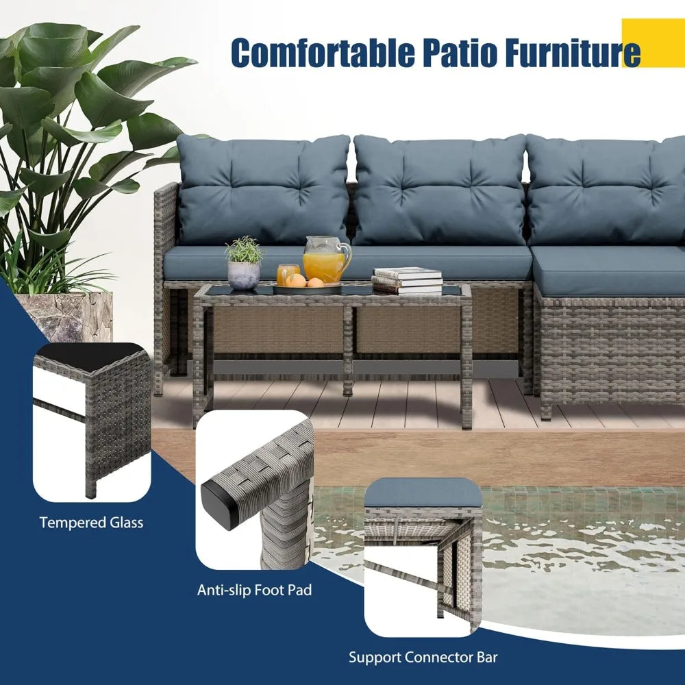 3-Piece All-Weather Patio Furniture Set with Cushions and Glass Table, Blue Outdoor Sofa for Garden