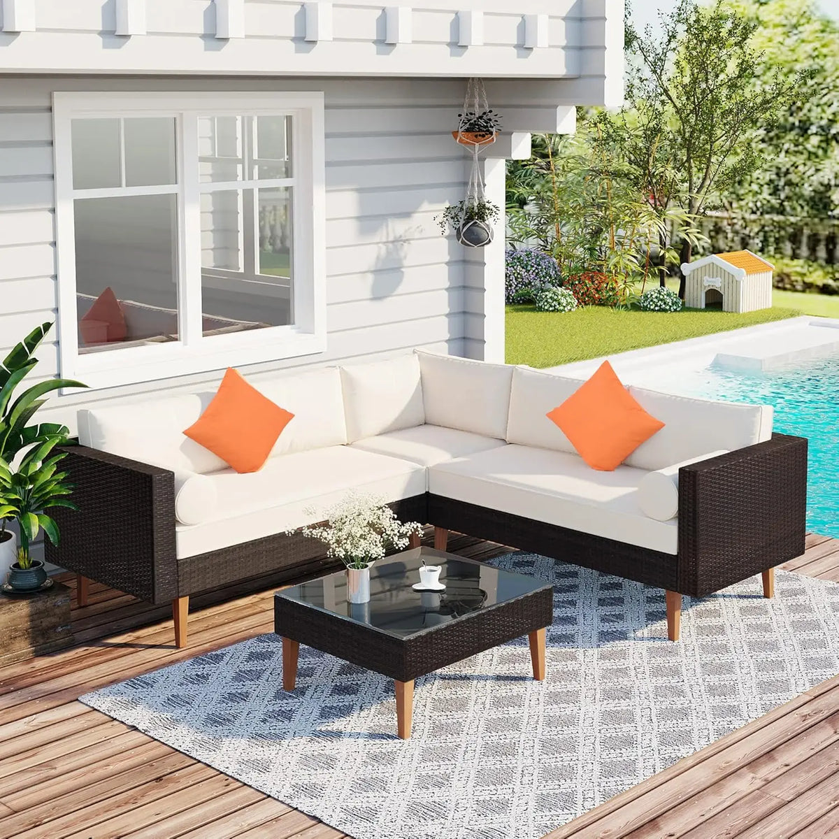 Modern Patio Furniture Set, 6-Piece Outdoor Sectional Sofa Set with Round Nesting Coffee Tables and Seating Sofa, Customized