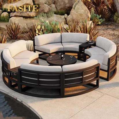 Nordic outdoor sofa coffee table combination simple courtyard waterproof sunscreen circular arc furniture