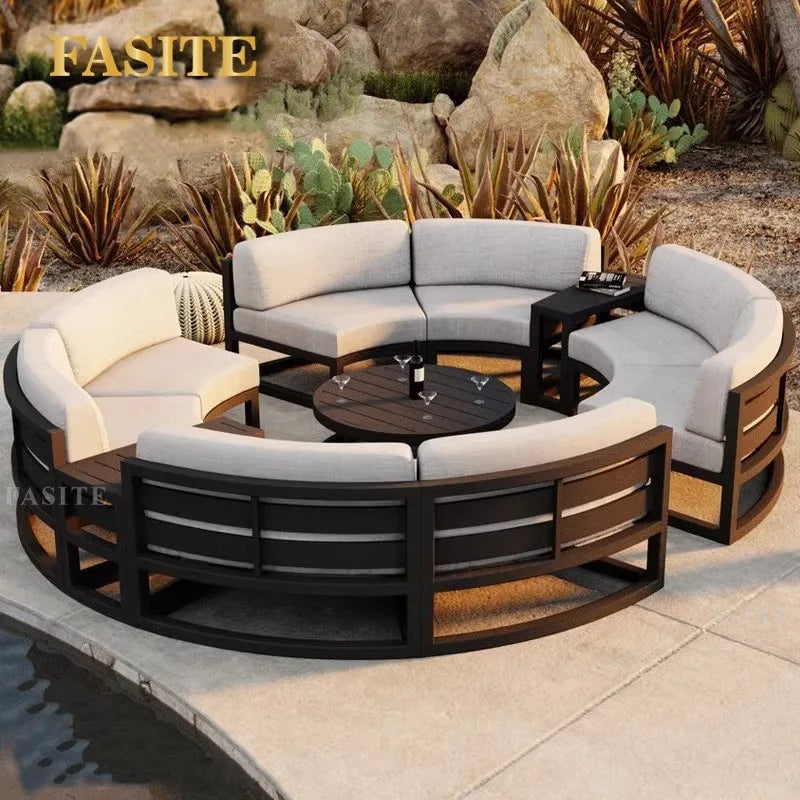 Nordic outdoor sofa coffee table combination simple courtyard waterproof sunscreen circular arc furniture