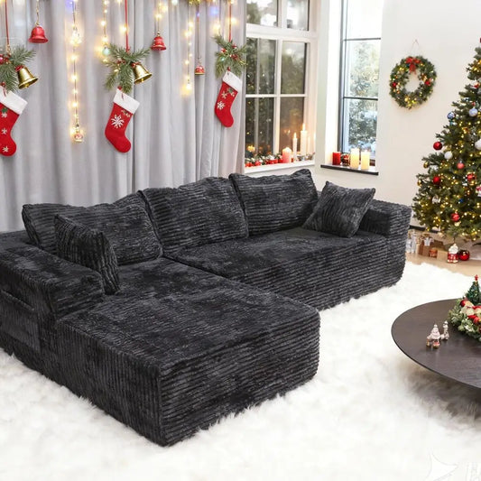 Black 110 Corduroy L-Shaped Sectional Sofa with Chaise, Memory Foam, Storage, and Modular Design for Living Rooms