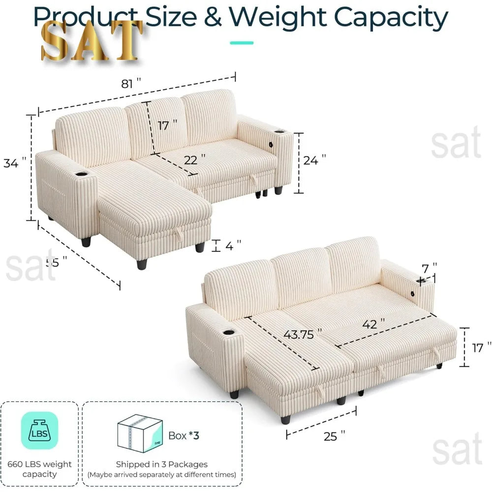 Convertible Plush Corduroy Cloud Couch with Storage Chaise & USB Charging