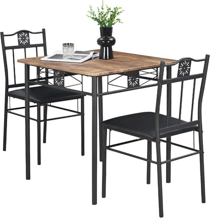 Compact 3-Piece Dining Table Set for Two with PU Padded Chairs, Retro Brown - Space-Saving Kitchen Furniture