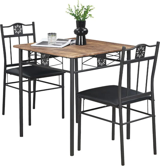 Compact 3-Piece Dining Table Set for Two with PU Padded Chairs, Retro Brown - Space-Saving Kitchen Furniture