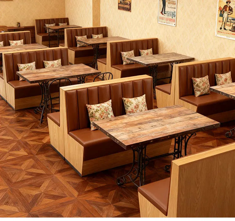 Commercial Booth Sofa Set Solid Wood Leather, Table Chair Combination for Milk Tea Coffee Hot Pot Restaurant Card Seat
