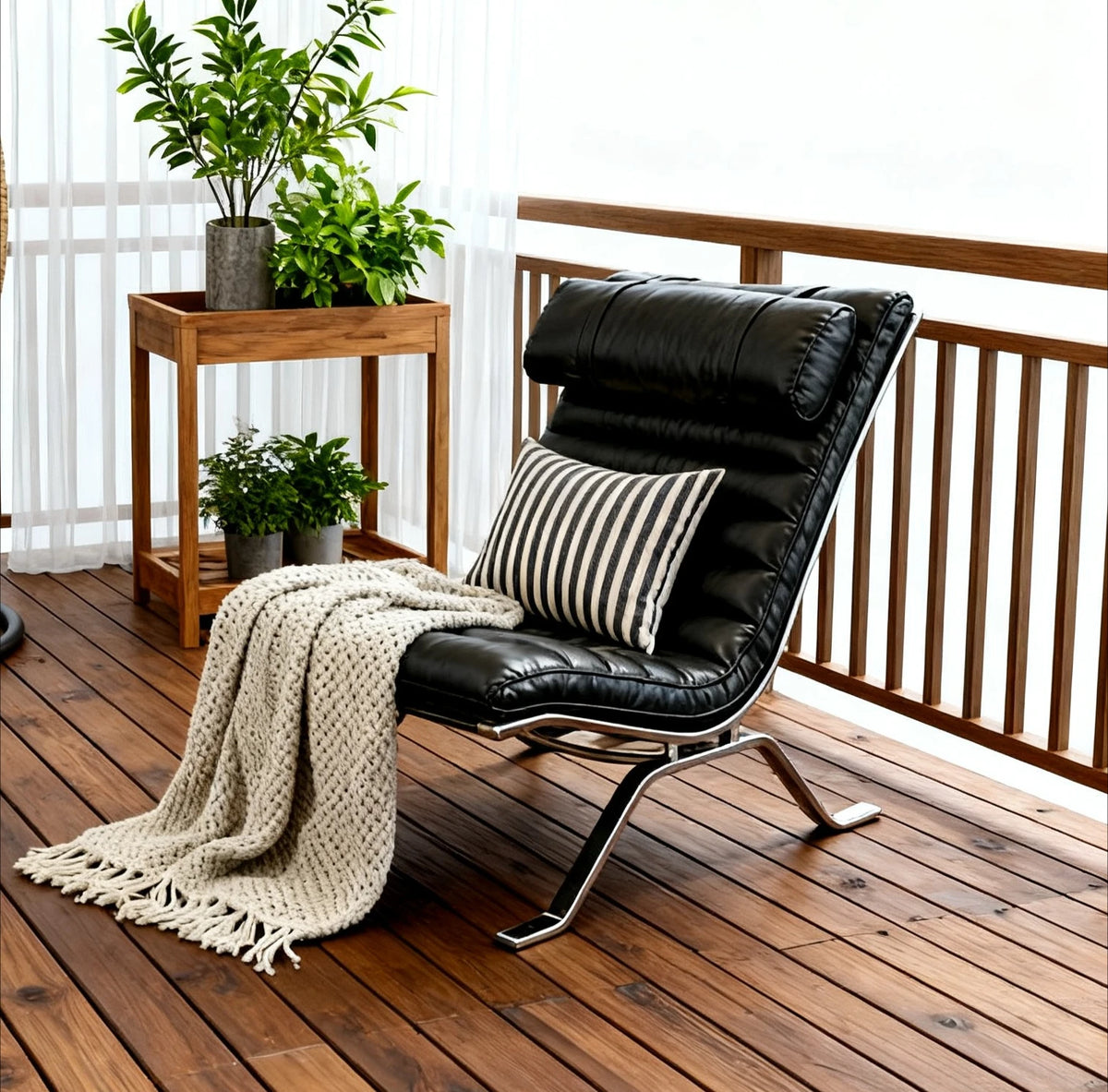 Mid-Century Modern Leather Lounge Chair, Minimalist Accent Leisure Chair with Chrome Metal Base, Retro Style for Living Room