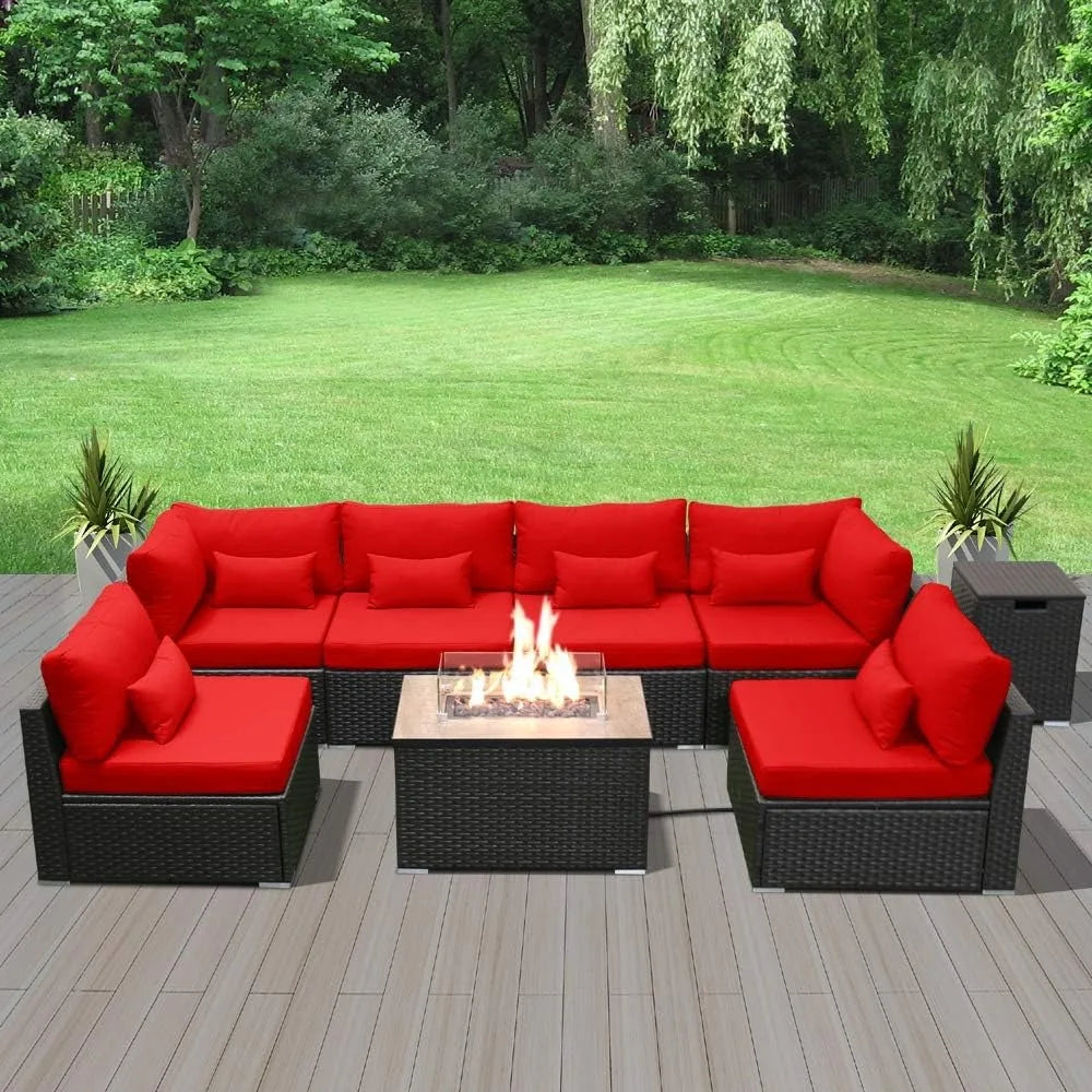 wicker rattan outdoor patio furniture with fire pit and sectional sofa seating