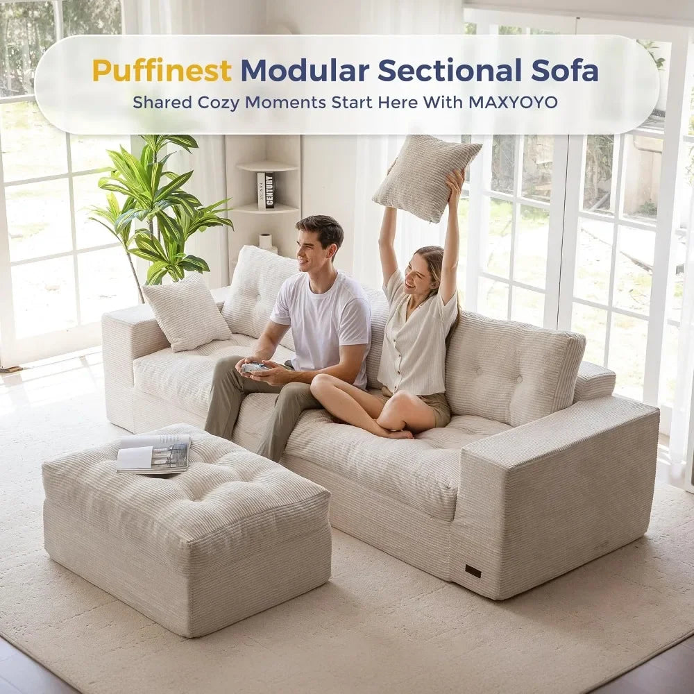 104" L-Shaped Modular Sectional Sofa with Ottoman, Cloud Couch, No Assembly, Beige for Living Room