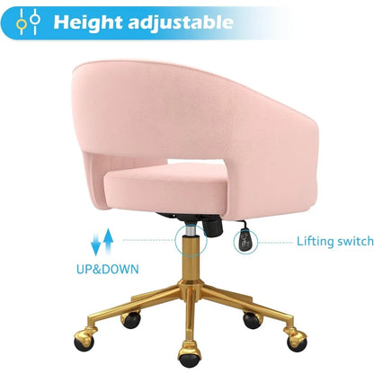 "luxurious swivel velvet desk chair with upholstered accent armchair, modern tufted design, gold base for women's office"