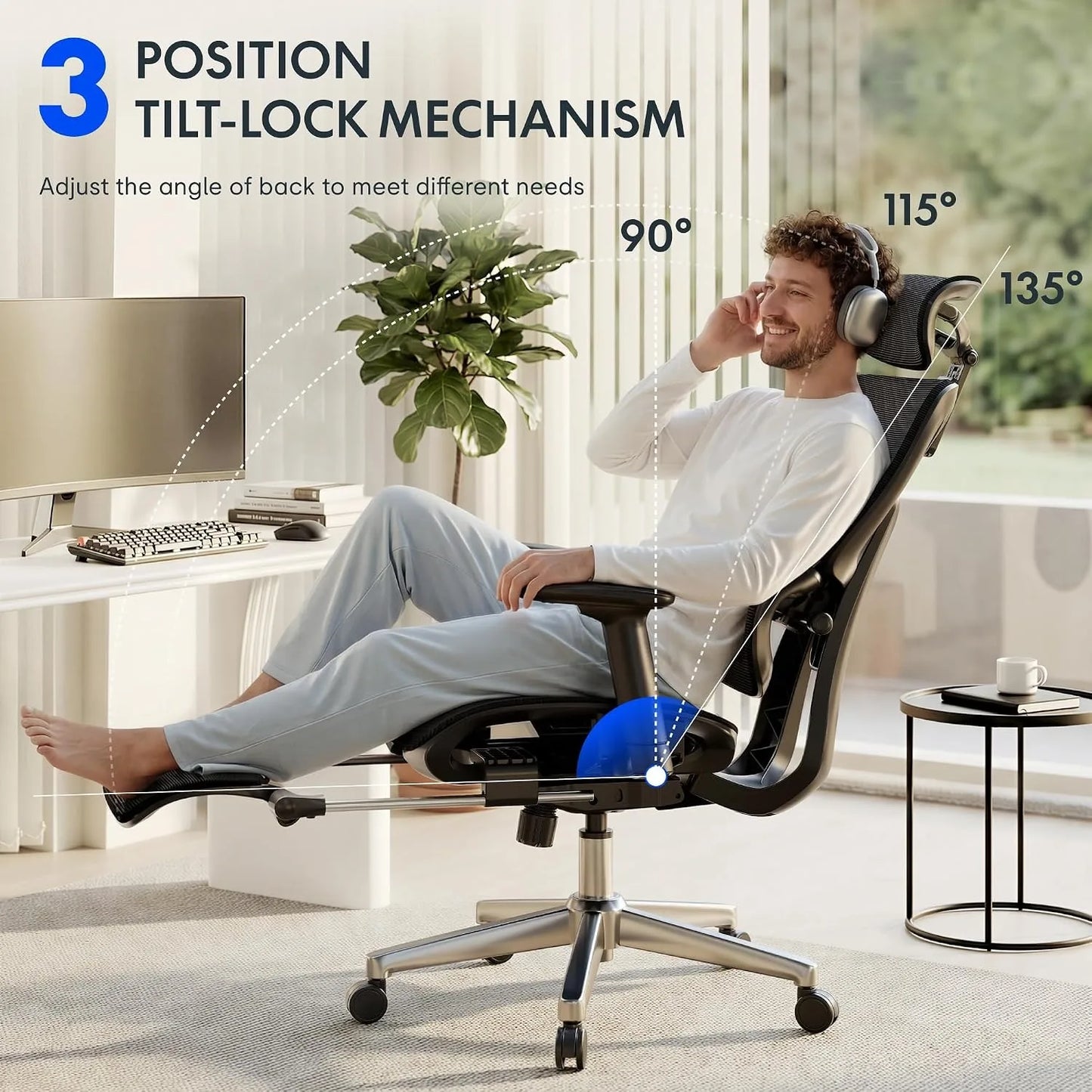 Premium Ergonomic Office Chair,3D Adjustable Armrests,Dynamic Lumbar Support,Recline Tilt & Footrest, Custom